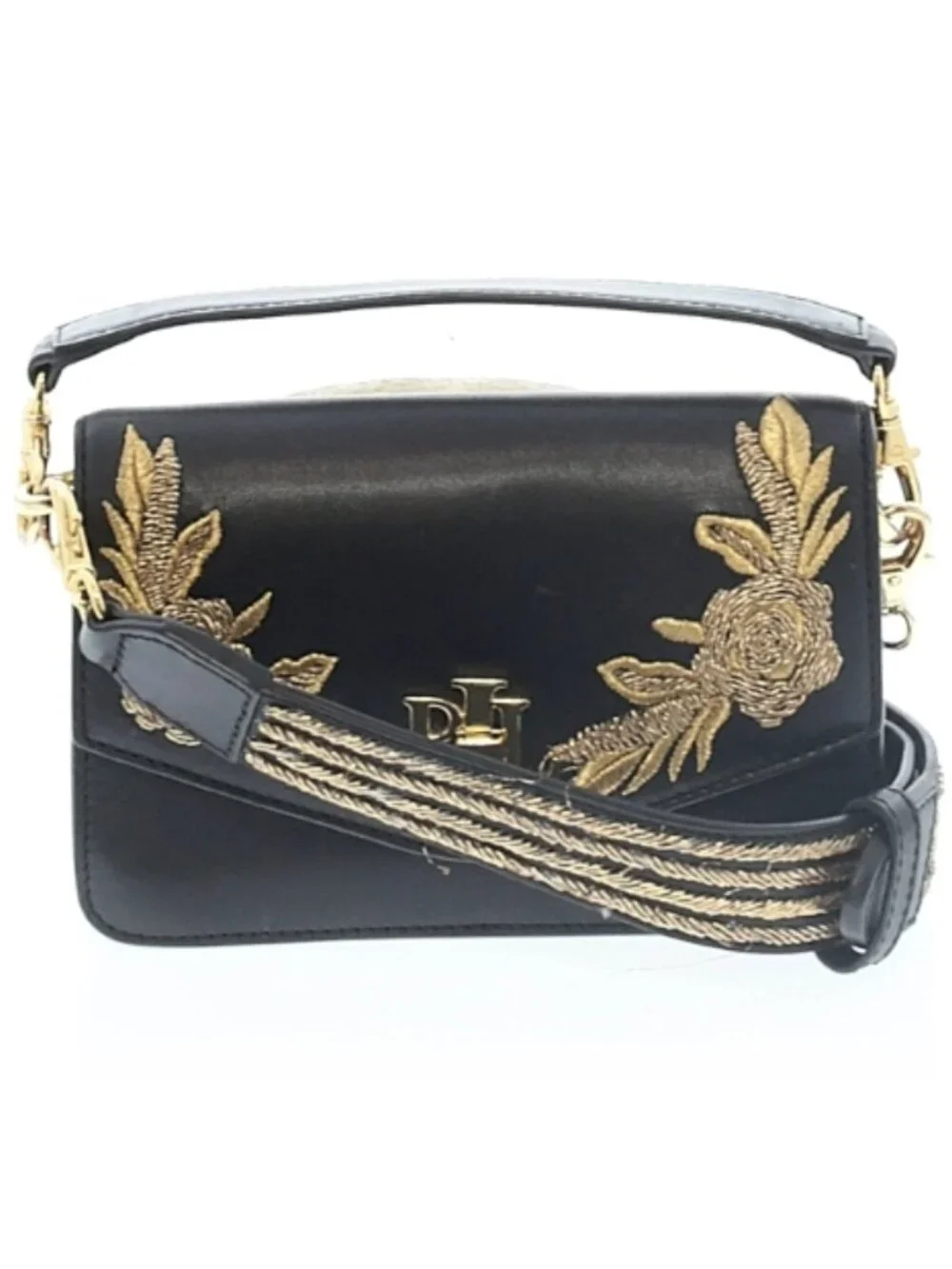 Lauren Ralph Lauren Bullion Leather Tayler Floral Crossbody Bag Black Gold